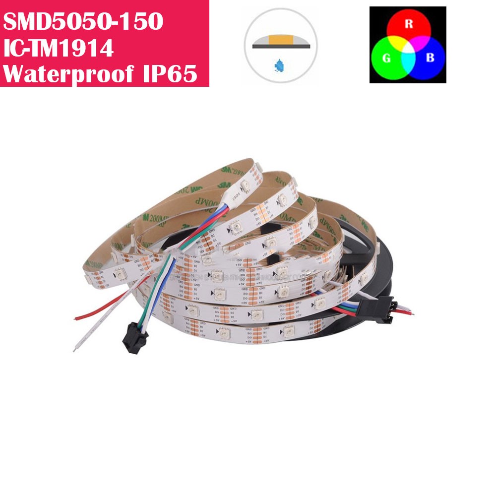 DC 5V Waterproof IP65 TM1914 Breakpoint Continuingly RGB Color Changing  Addressable LED Strip Light 5050 RGB 16.4 Feet (500cm) 30LED/Meter LED Pixel Flexible Tape White PCB