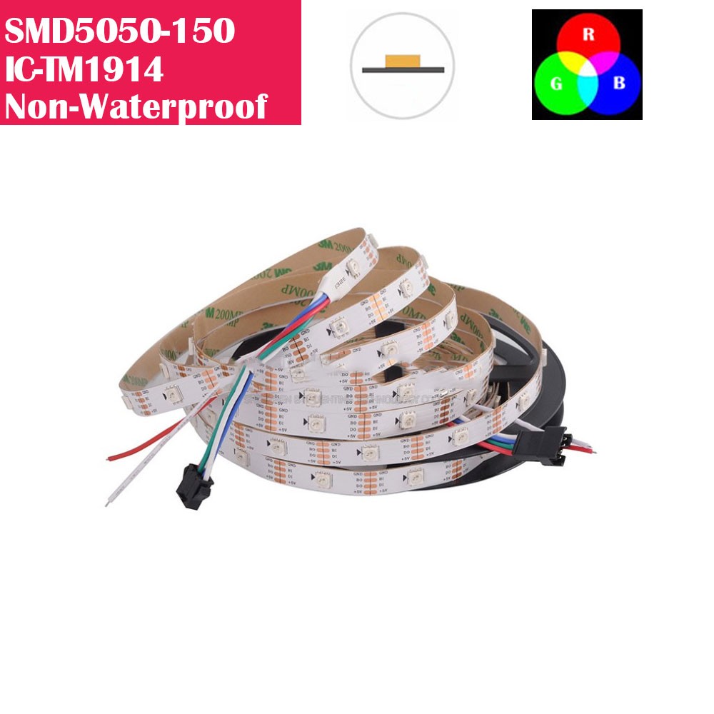DC 5V Non-Waterproof TM1914 Breakpoint Continuingly RGB Color Changing  Addressable LED Strip Light 5050 RGB 16.4 Feet (500cm) 30LED/Meter LED Pixel Flexible Tape White PCB