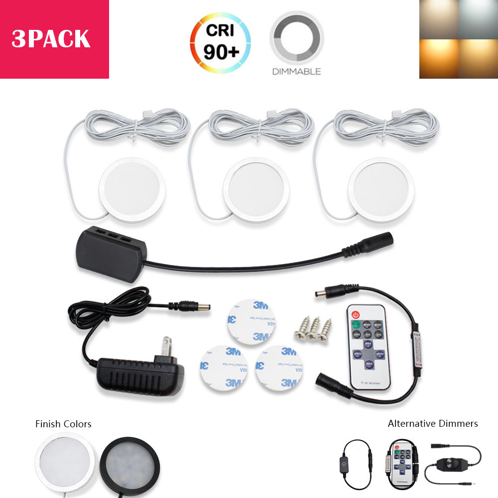 A-Series 3 Pack (3*2W) Dimmable CRI 90 LED Under Cabinet Puck Lights With Dimmer & Power Adapter, Ultra Thin Closet Lights Kitchen Light All Accessories Included