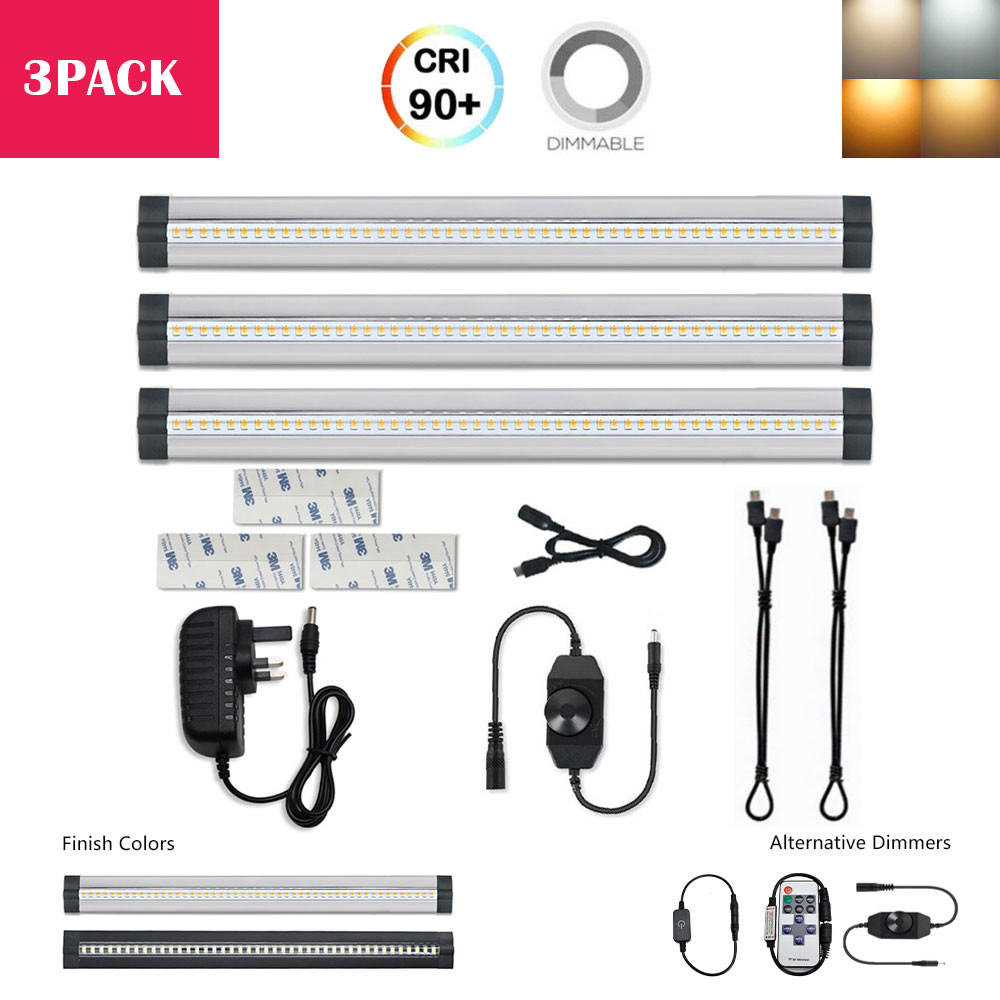 B-Series 3 Pack (3*5W) 12 Inch Dimmable CRI90 Ultra Thin LED Under Cabinet/Counter Kitchen Lighting Plug-In All in One Kit LED Light with Dimmer & Power Supply