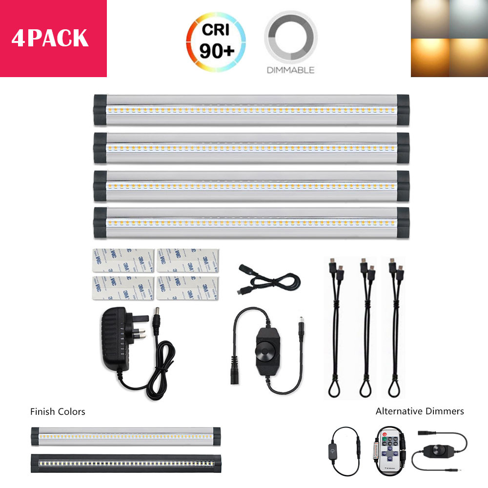 B-Series 4 Pack (4*5W) 12 Inch Dimmable CRI90 Ultra Thin LED Under Cabinet/Counter Kitchen Lighting Plug-In All in One Kit LED Light with Dimmer & Power Supply