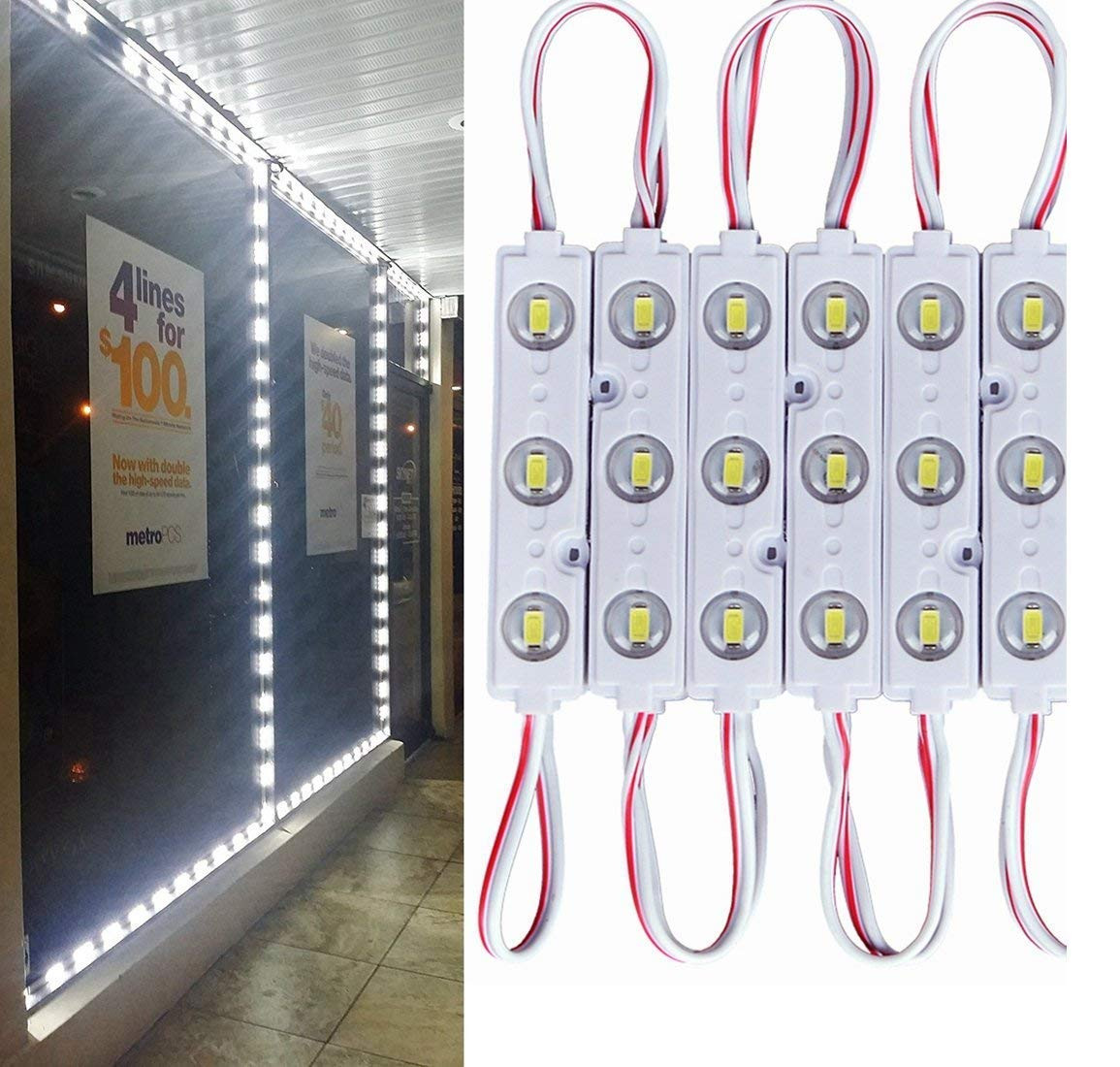 20pcs/pack LED Modules String with 5730 3 LED 160°Beam DC12V 90LM 1.5W Module Light for Sign Lettering Storefront Window Exterior Light, Waterproof IP67 with Adhesive Tape Back