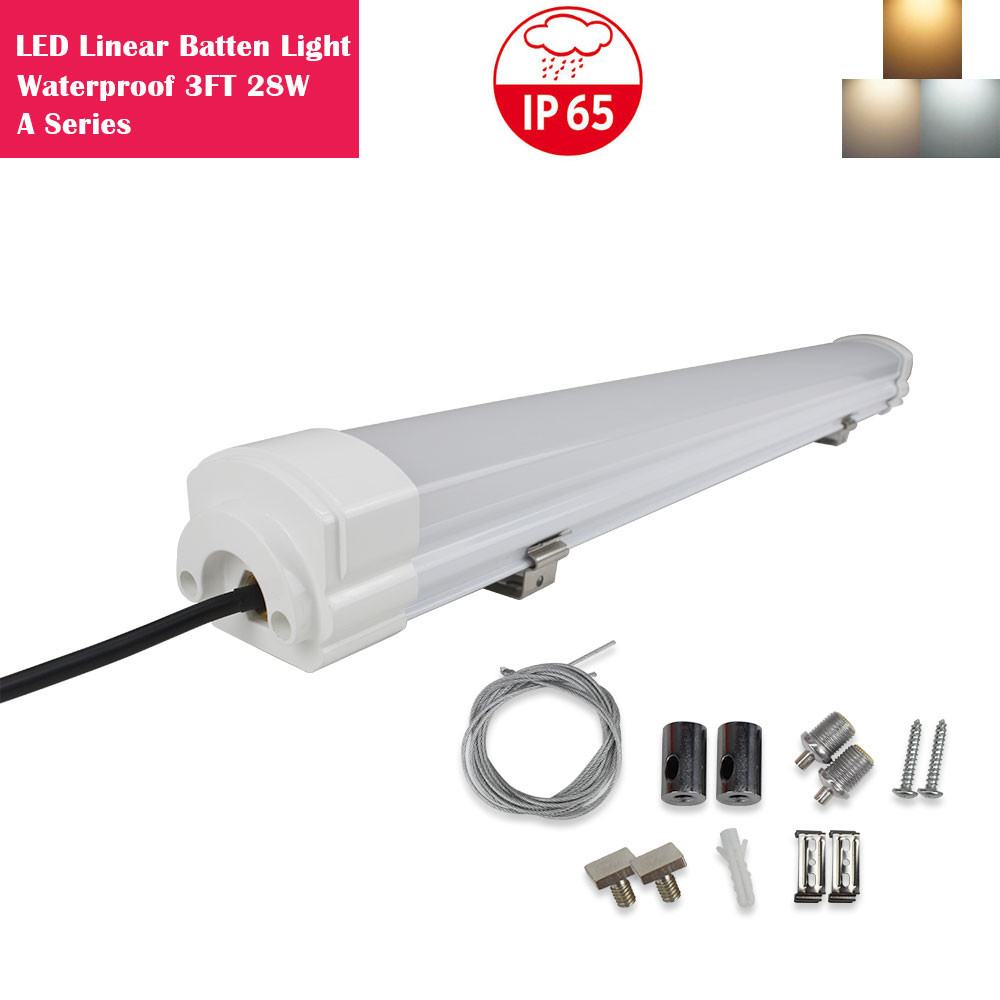 Weatherproof IP65 LED Linear Batten 3 Feet 28W in Aluminum + PC Housing- Model A