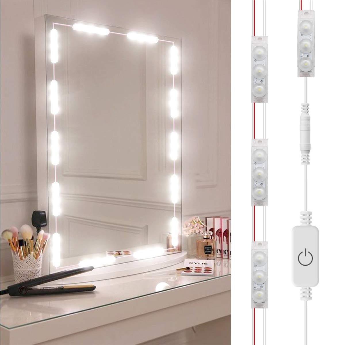 DIY Hollywood Style LED Vanity Mirror Lights Kit Dimmable Lighting, 10FT/20W-60leds, Daylight White, Waterproof IP67 Under Cabinet Lighting, Kitchen Lighting with dimmable and power supply