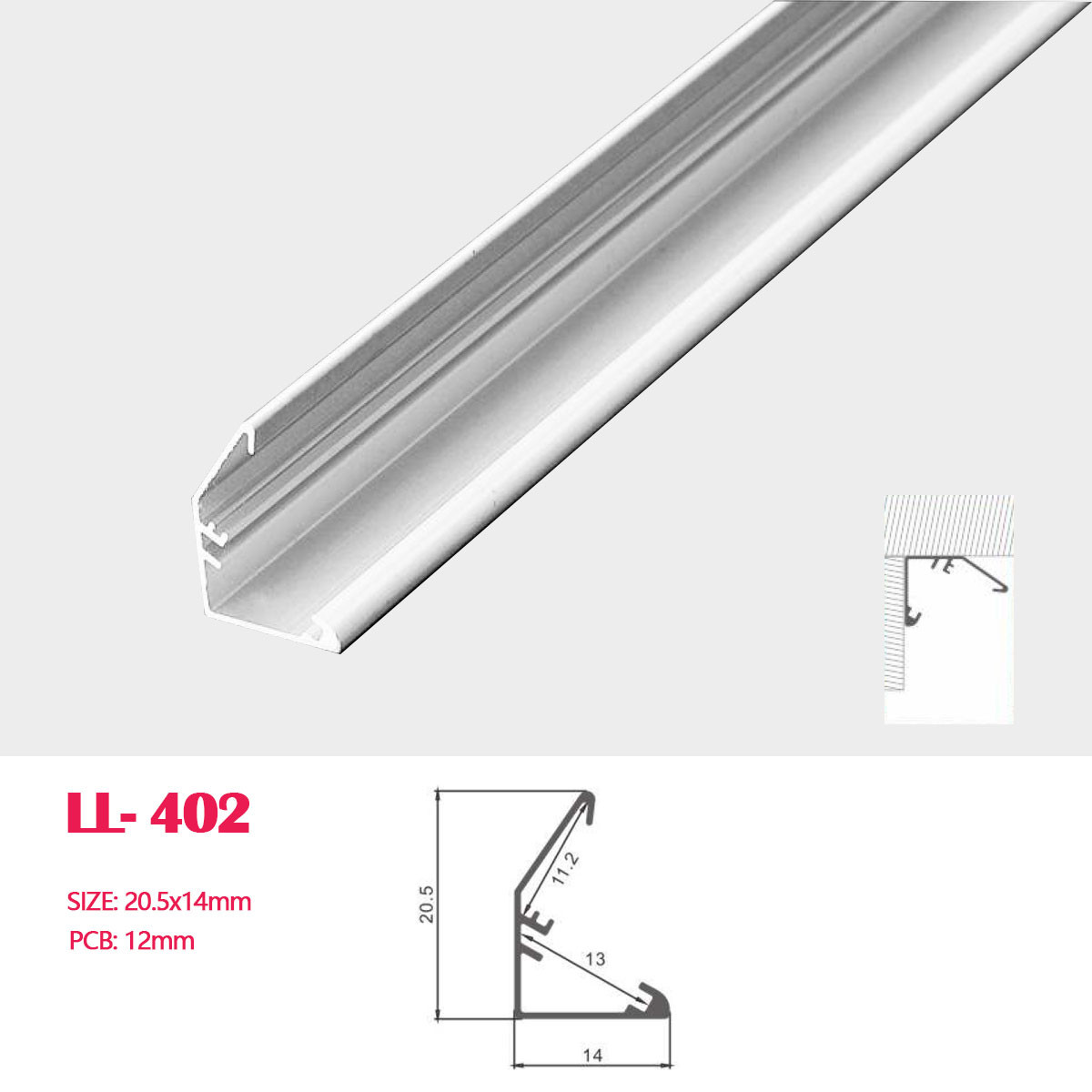 1M (3.28FT) 20.5MM*14MM Counter Lighting Aluminum Profile with Reflector Construction for LED strip lighting installation