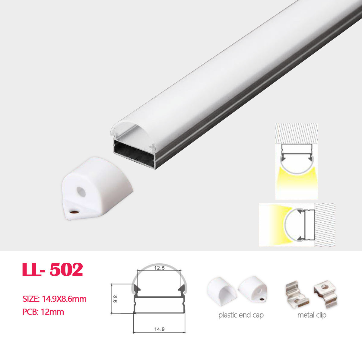 1M(3.28FT) 14.9MM*8.6MM  LED Aluminum Profile with Semiround Milky White Cover, Ceiling or Wall Mounted for LED Rigid Strip Lighting System