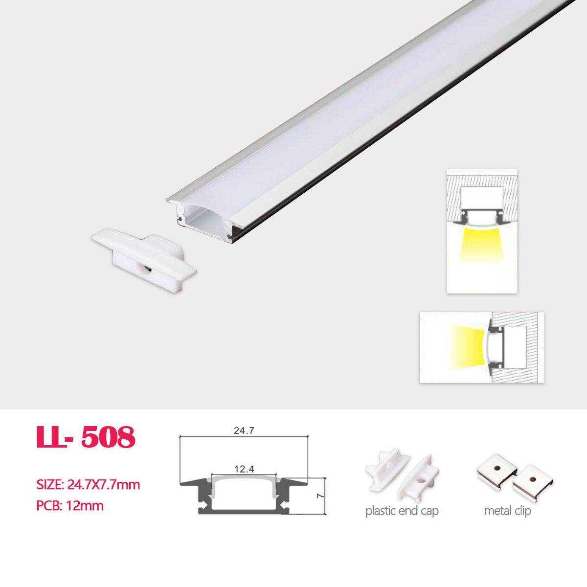 1M(3.28FT) 24.7MM*7MM  ceiling Mouted or Wall Mounted LED Aluminum Profile with Vaulted Cover for LED Rigid Strip Lighting System