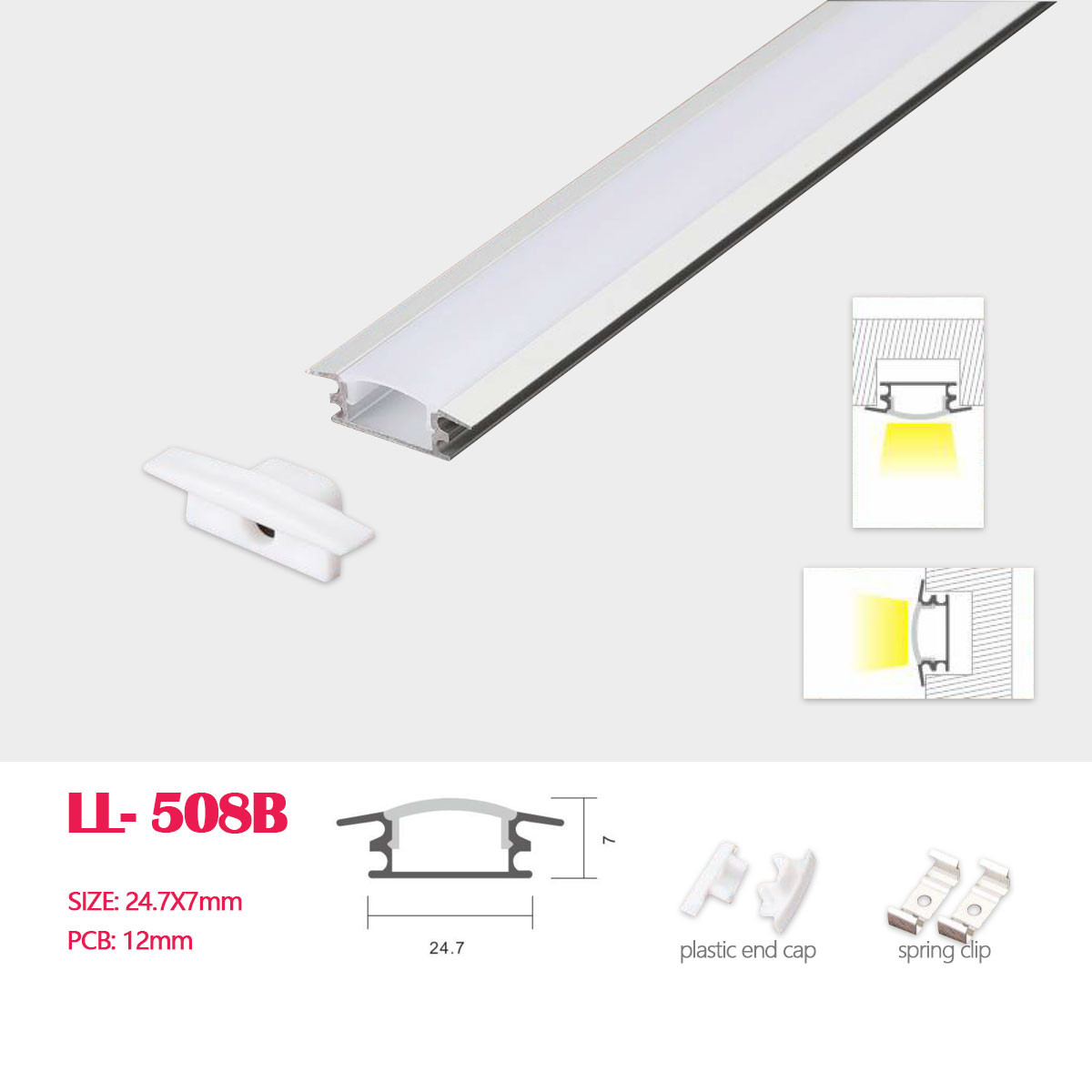 1M(3.28FT) 24.7MM*7MM  Ceiling Mounted or Wall Mounted LED Aluminum Profile with Arch Cover  for LED Rigid Strip Lighting System