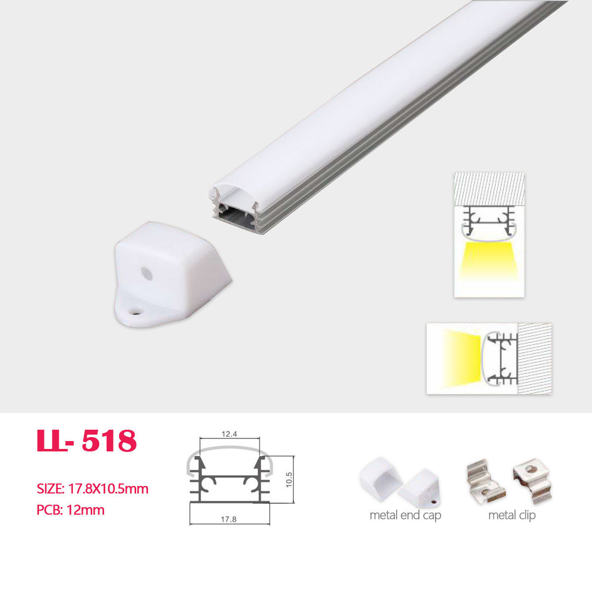 1M(3.28FT) 17.8MM*10.5MM  LED Aluminum Profile  Surface Mounting for LED Rigid Strip Lighting System