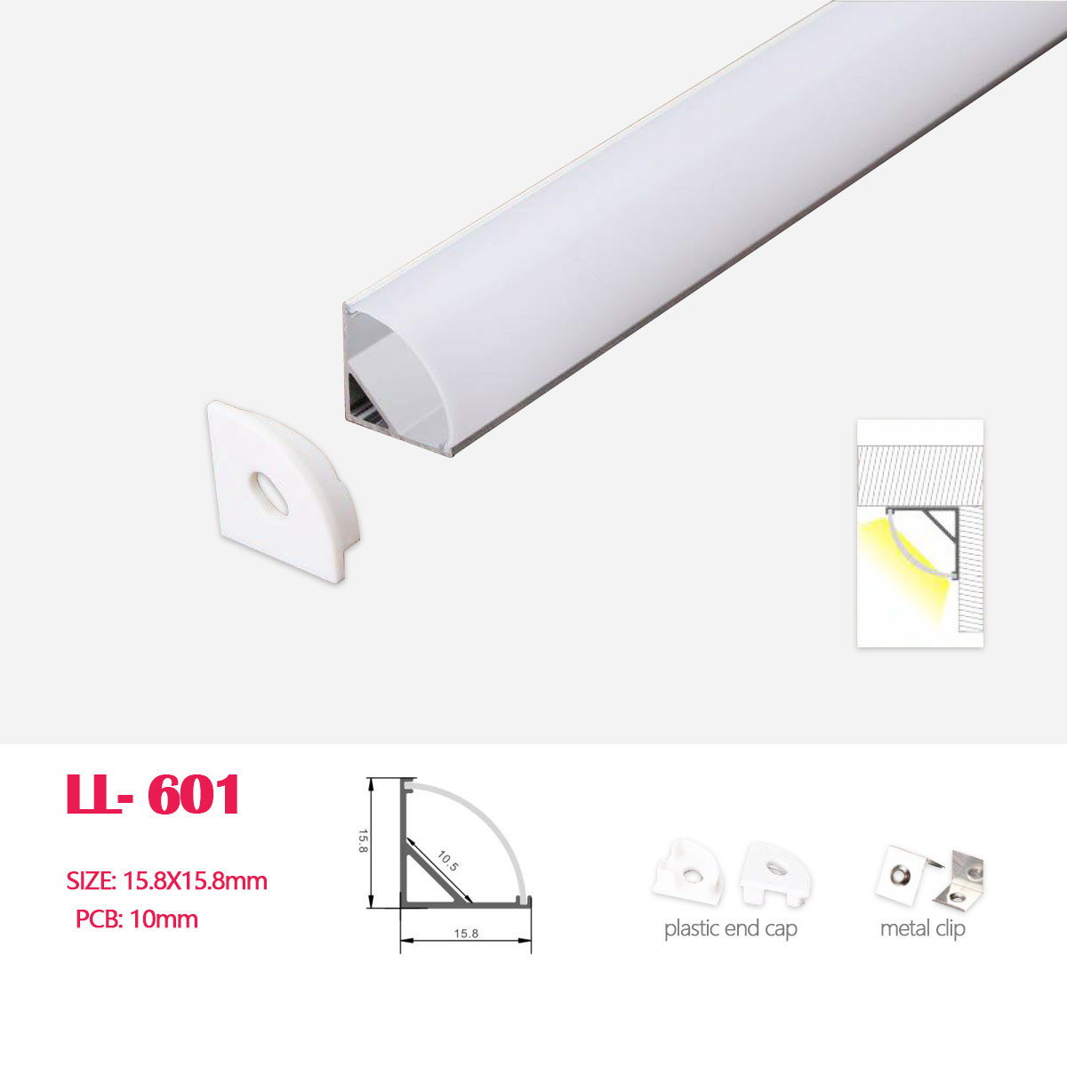 1M (3.28FT) 15.8MM*15.8MM Mini V Shape  LED Aluminum Profile with Arched  White  Cover for Corner Mounting LED Strips Lighting