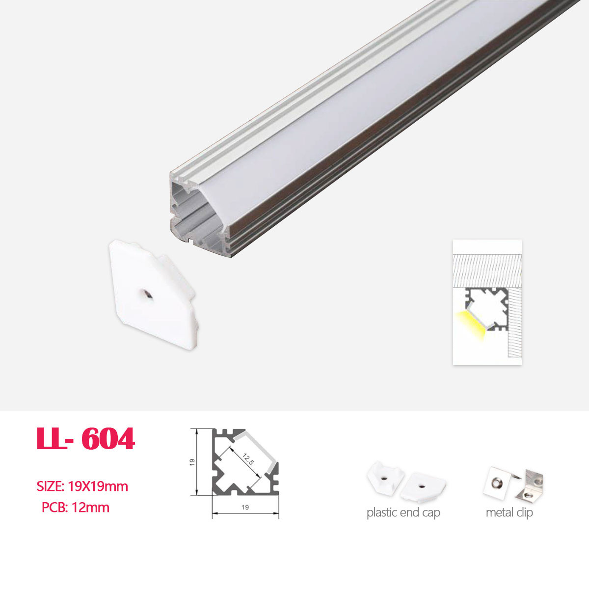  1M (3.28FT) 19MM*19MM V-slot LED Aluminum Profile with  Small Flat Cover,with End Caps and Mounting Clips for Corner Mounted /  Joint LED Strip Lighting