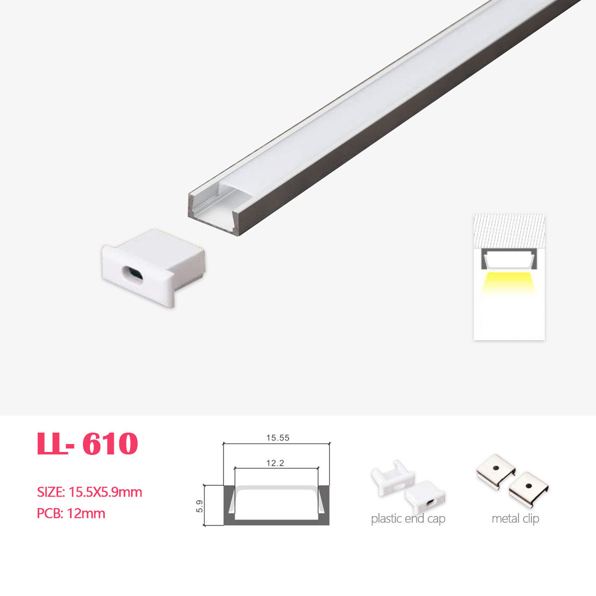 1M(3.28FT) 24.7MM*7MM  Surface Mounted LED Aluminum Profile with Flat over，End Caps and Mounting Clips for LED Rigid Strip Lighting System