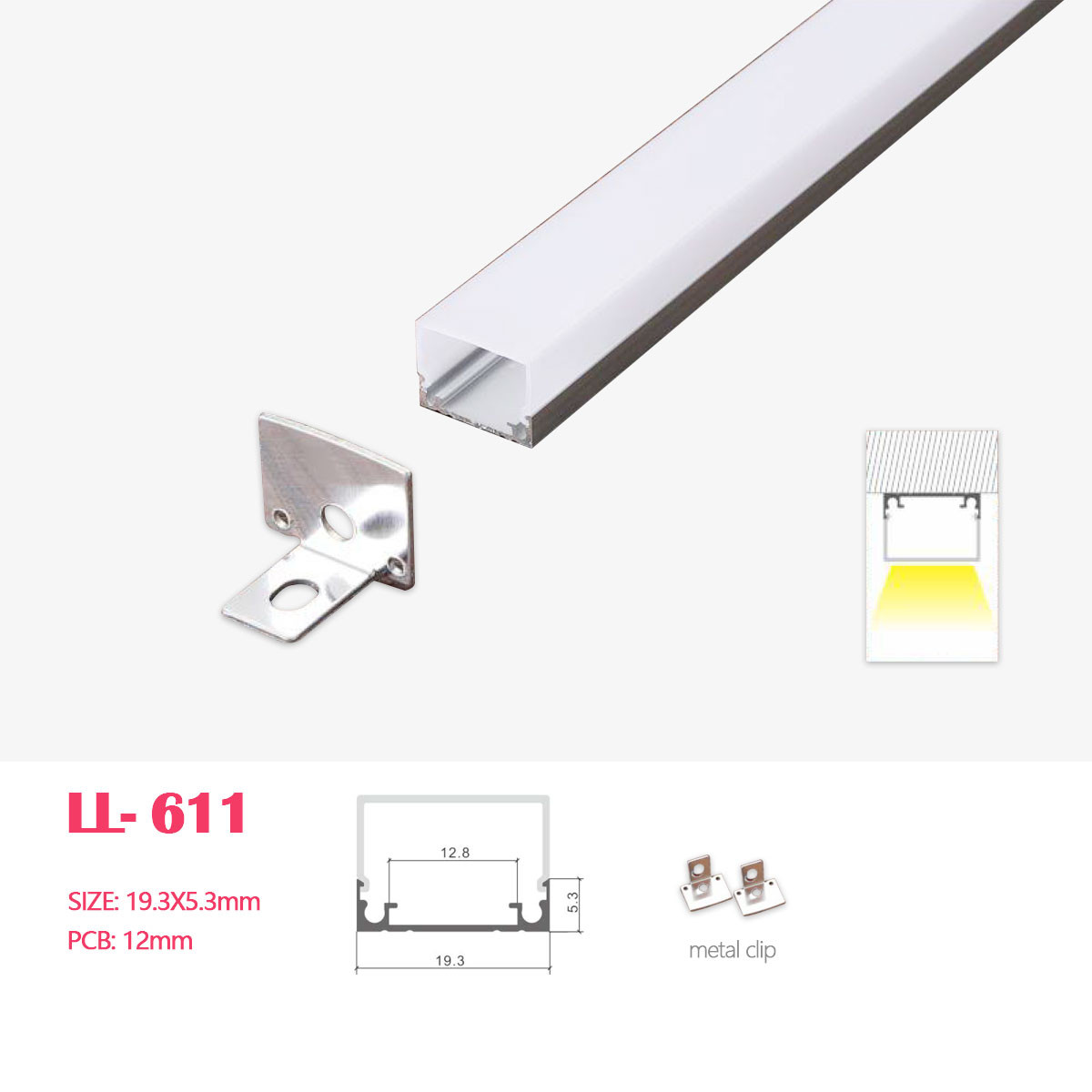 1M(3.28FT) 19.3MM*5.3MM  Surface Mounted LED Aluminum Profile with Cover and Mounting Clips  for LED Rigid Strip Lighting