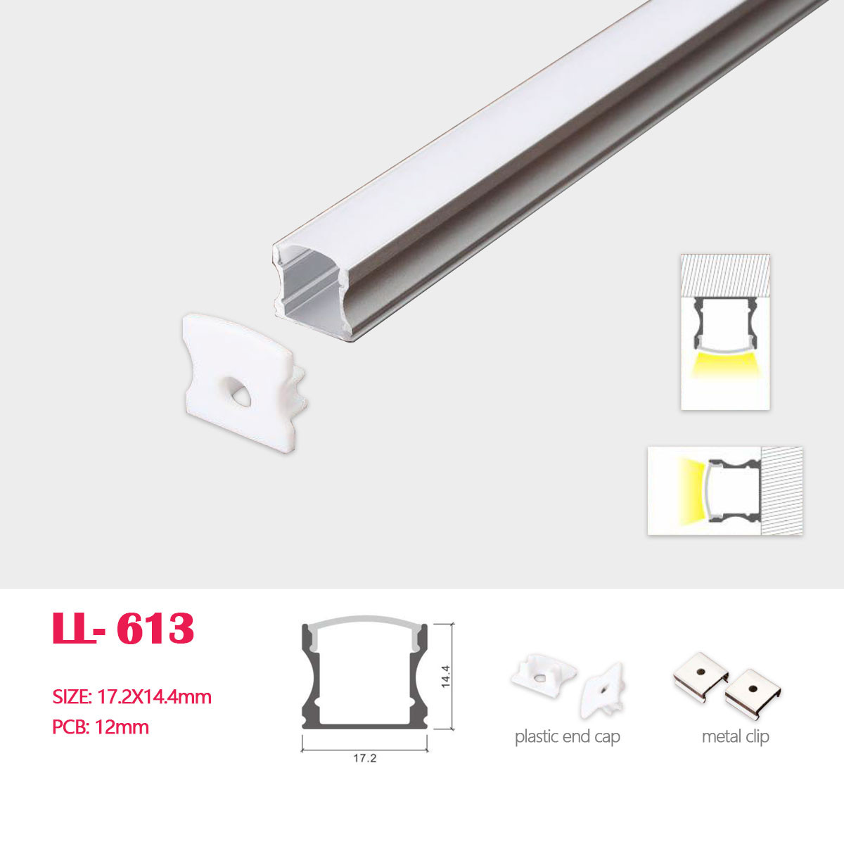 1M(3.28FT) 17.2MM*14.4MM Surface Mounted Or Wall Mounted LED Aluminum Profile with Cover and End Caps and Mounting Clips for LED Rigid Strip Lighting System