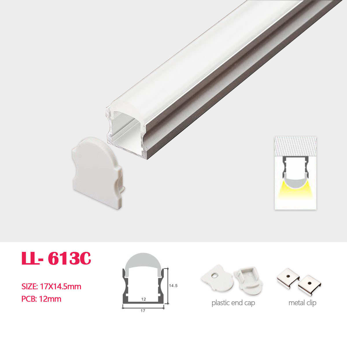 1M(3.28FT) 17MM*14.5MM  Surface Mounted LED Aluminum Profile with Cover End Caps and Mounting Clips for LED Rigid Strip Lighting System