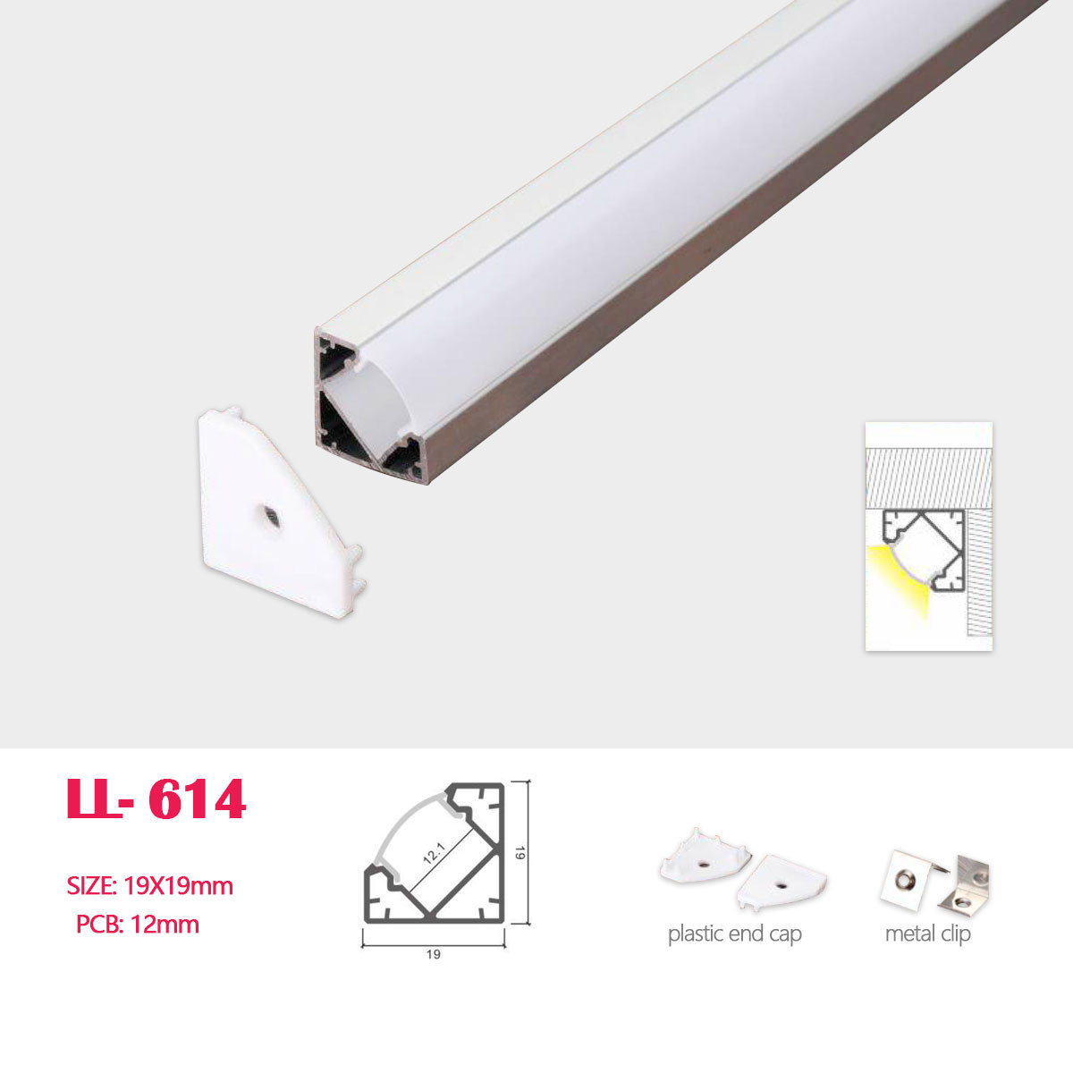 1M (3.28FT) 19MM*19MM V-Shape Right angle Extrusion CornerLED Aluminum Profile with End Caps and Mounting Clips