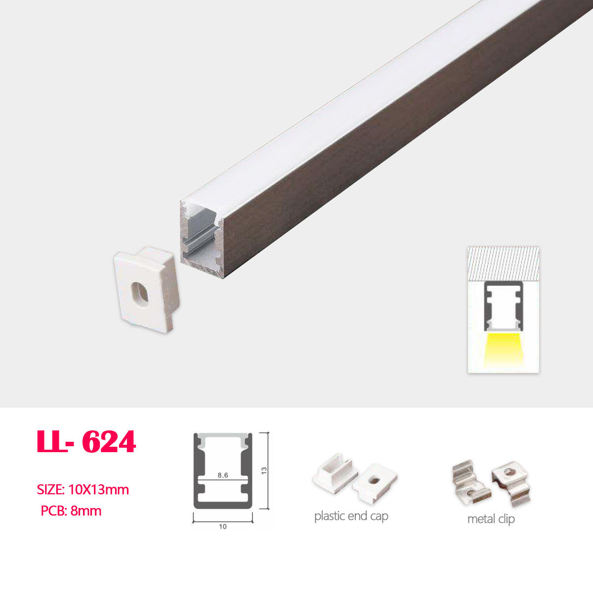 1M (3.28FT) 10MM*13MM Mini Square trimless Surface Mounting Aluminum Profile with Flat  Cover ,End Caps and Mounting Clips Included