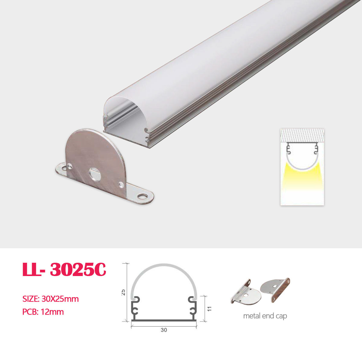 1M(3.28FT) 30MM*25MM   Surface Mounted  Aluminum Profile  with Metal Ends for LED  Strip Lighting Application
