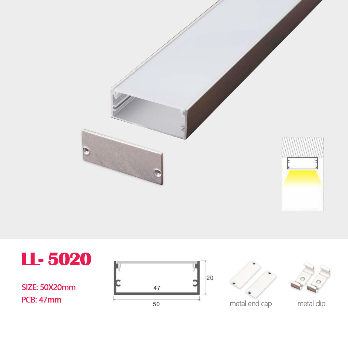 1M (3.28FT) 50MM*20MM  Surface Mounting Square Aluminum Profile with Flat  cover and Hareware  for LED Linear Lighting Installation