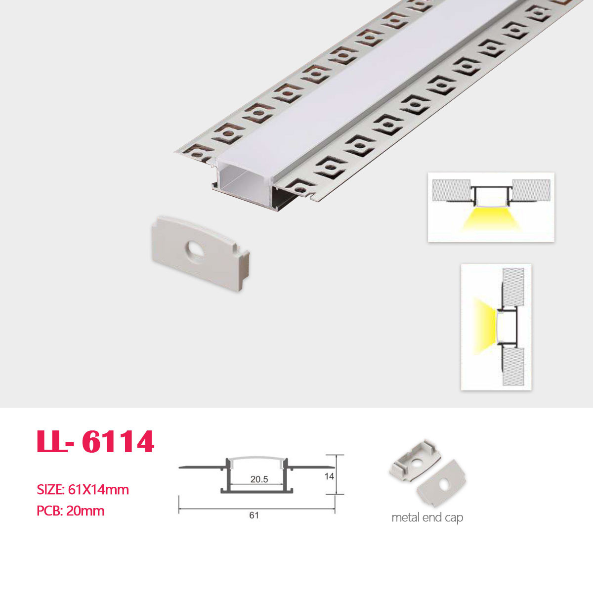 1M (3.28FT) 61MM*14MM Recessed Trimless Aluminum Channel with Milky Transperant Flat Cover，Plastic End Caps For Drywall Use