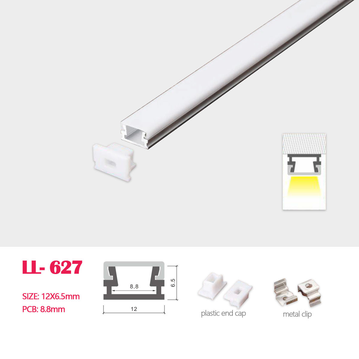 1M(3.28FT) 8MM*8MM LED Aluminum Profile with Flat Milky White Cover Surface Mounting for LED Rigid Strip Lighting System