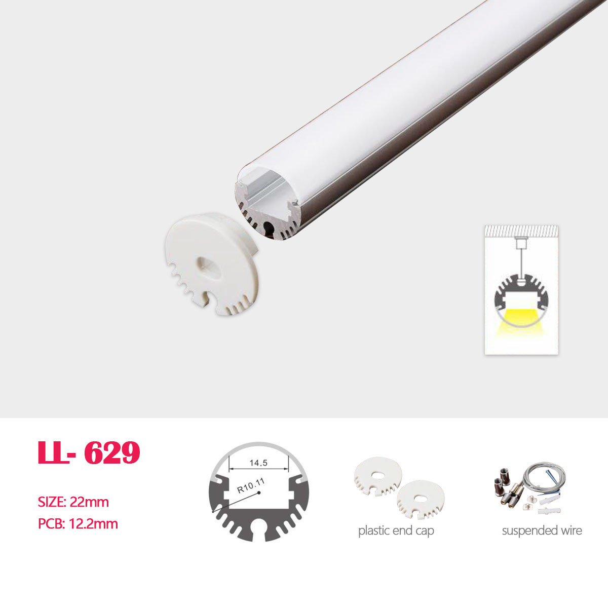 1M (3.28FT) D20.2MM  LED Aluminum Profile Flush/Surface Mounting for LED Rigid Strip Lighting System