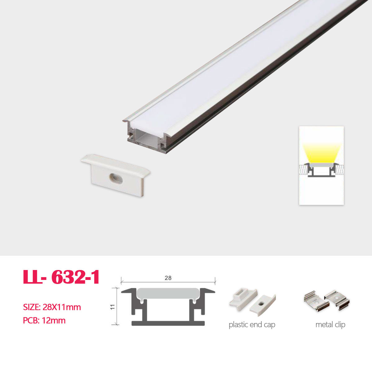 1M (3.28FT) 28MM*11MM Aluminum Profile with Flat Lens Embedded Mounting in Floor for LED strip lighting installatio
