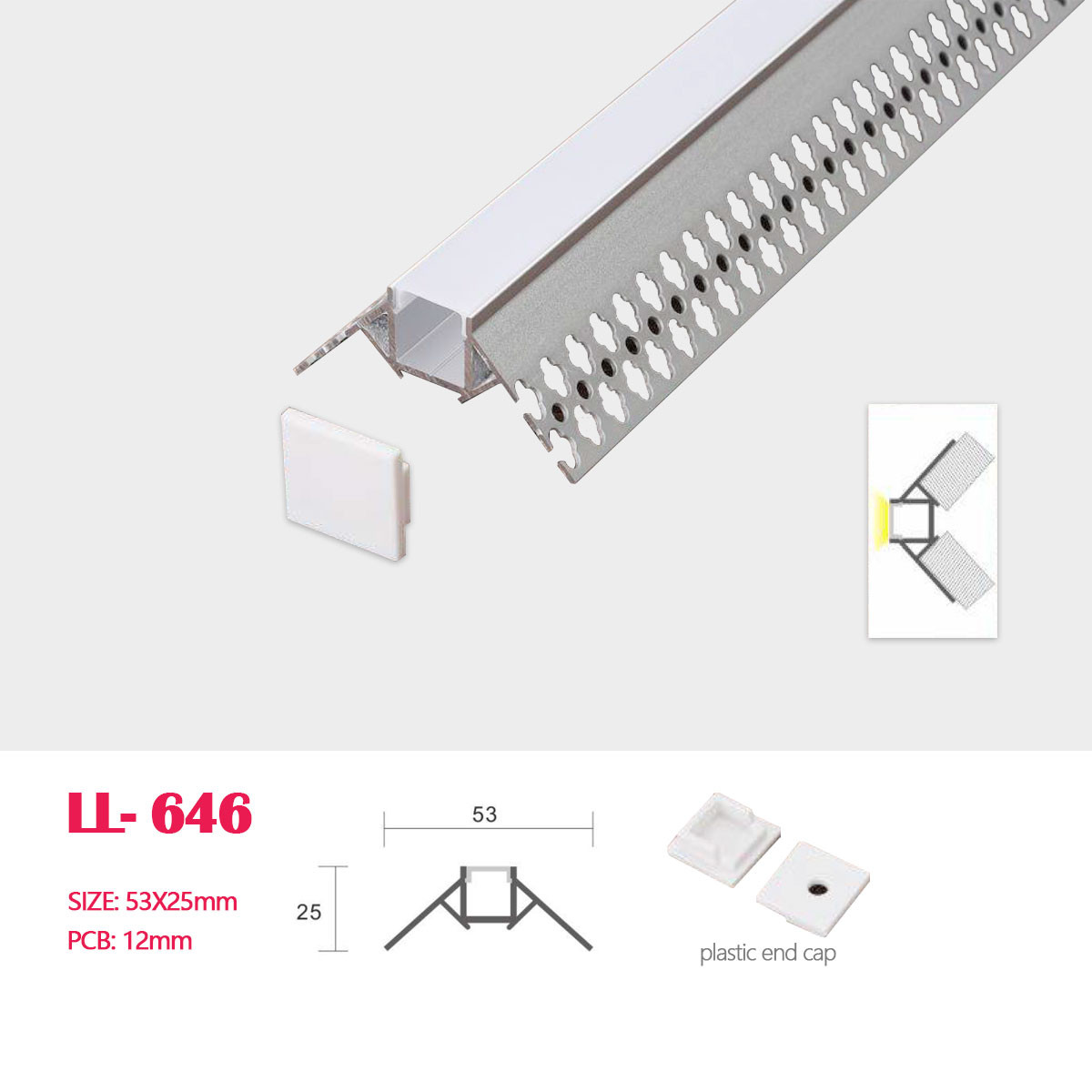 1M (3.28FT) 53MM*25MM Recessed Trimless Aluminum Channel with Milky Transperant Flat Cover，Plastic End Caps For Inside Corner Drywall Use