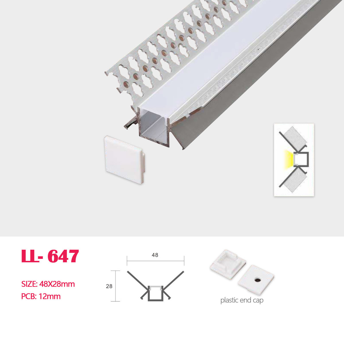 1M (3.28FT) 48MM*28MM Recessed Trimless Aluminum Channel with Milky Transperant Flat Cover，Plastic End Caps For Outside Corner Drywall Use