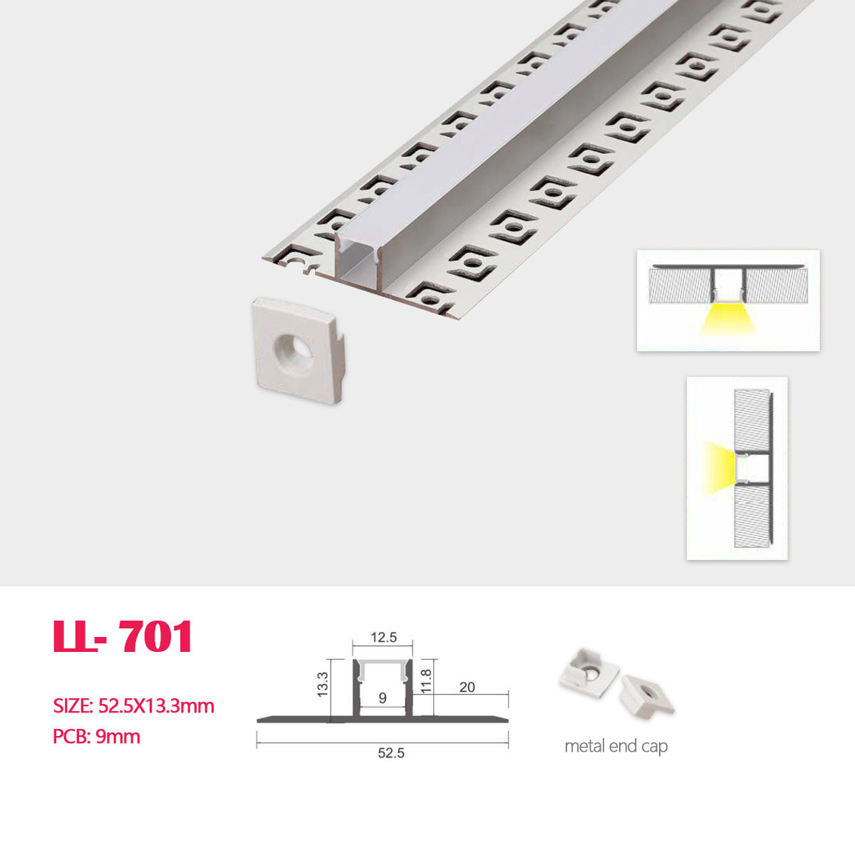1M (3.28FT)  52.5MM*13.3MM Recessed Trimless Aluminum Channel with Milky Transperant Flat Cover，Plastic End Caps For Drywall Use