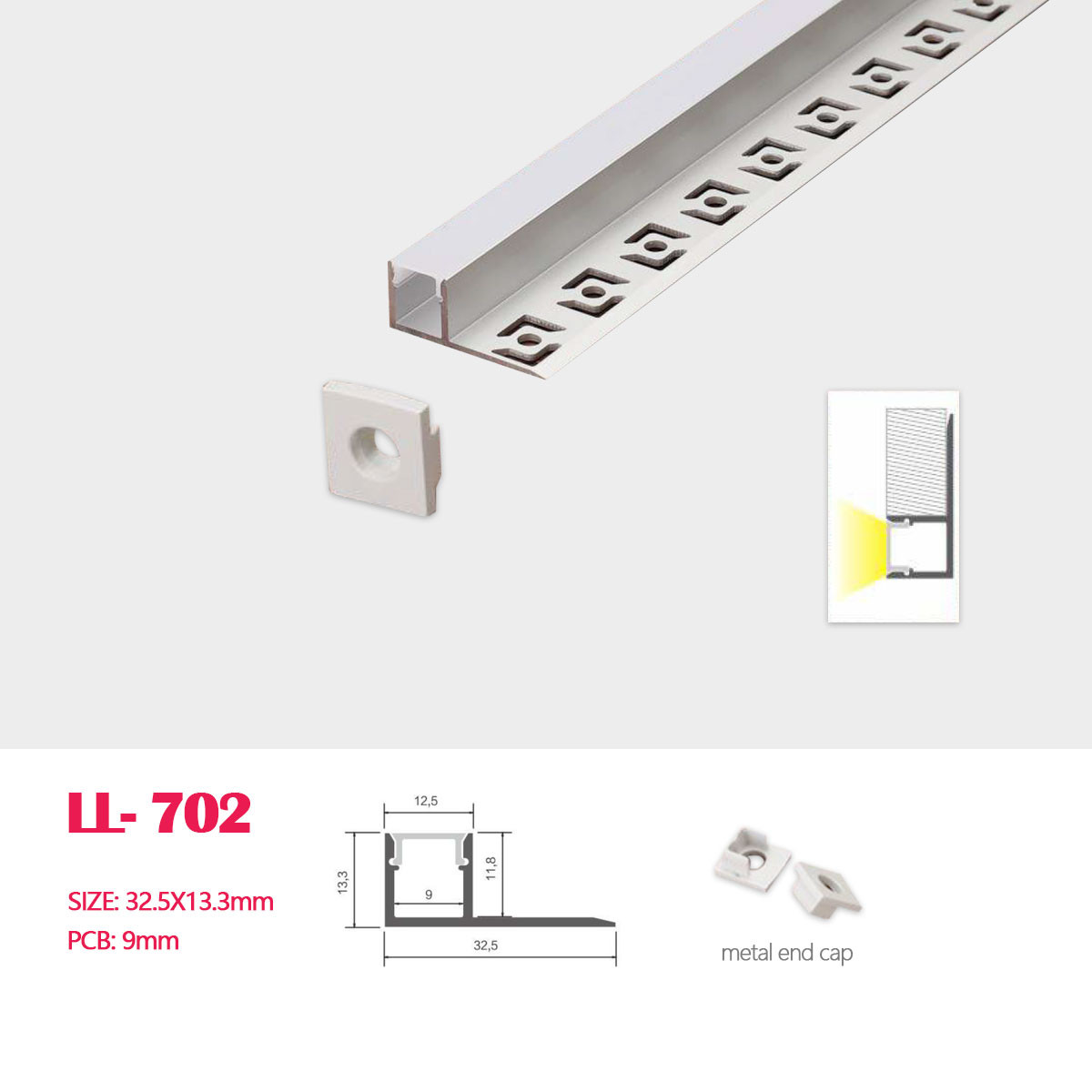 1M (3.28FT) 32.5MM*13.3MM Recessed Trimless Aluminum Channel with Milky Transperant Flat Cover，Plastic End Caps For 45 Degrees Drywall Use