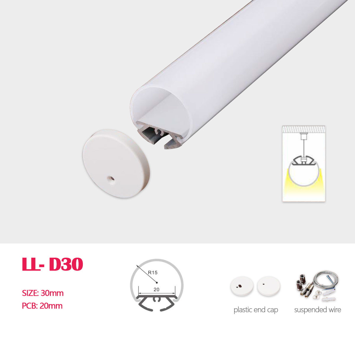 1M (3.28FT) Dia. 30mm LED Aluminum Profile with Round Cover,Suspension wires and Plastic Ends for Hanging LED Strip Lighting Application