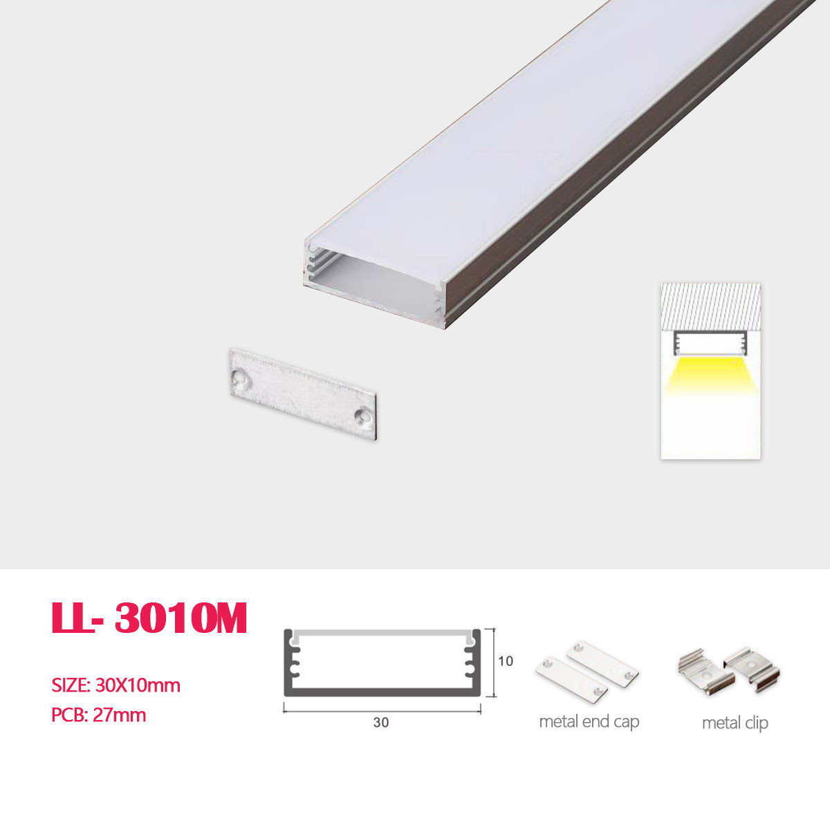 1M(3.28FT) 30MM*10MM  Surface Mounted LED Aluminum Profile with Flat cover , Metal Cap and Clip for LED  Strip Lighting System