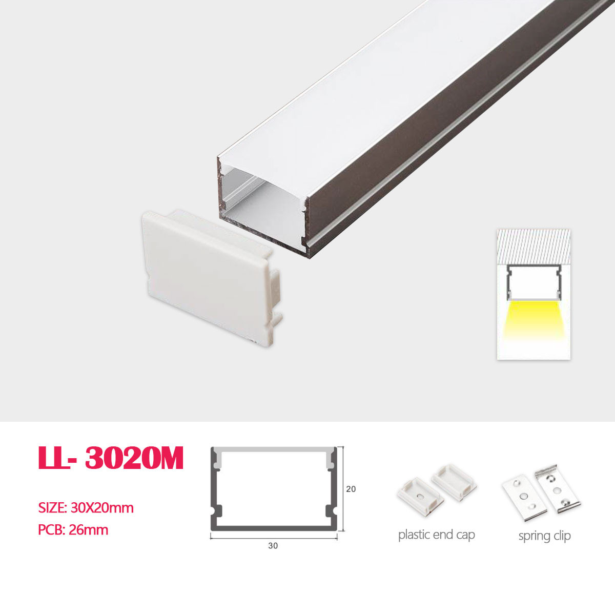 1M(3.28FT) 30MM*20MM  LED Square Aluminum Profile with Flat Cover,Plastic caps and Metal Clips for Surface Mounted LED Strips Lighting