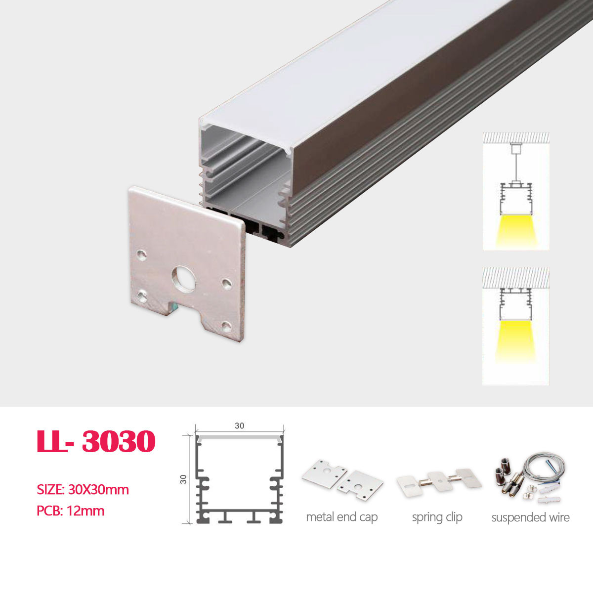 1M(3.28FT) 30MM*30MM  LED Square Aluminum Profile with Flat Cover,metal clips ， wire and Plastic End for Hanging or Surface Mounted LED Strip Lighting