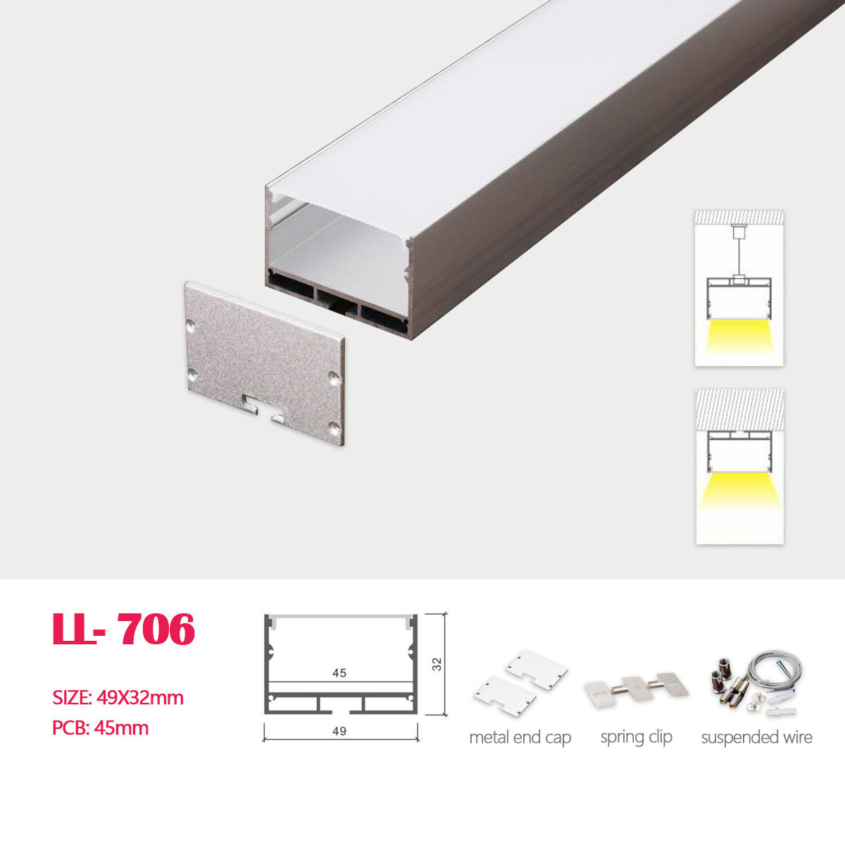 1M (3.28FT) 49MM*32MM Silver Square Aluminum Profile with Flat cover and Metal accessories   for Suspended Mounting or Surface Mounting  LED Strip Lights Application