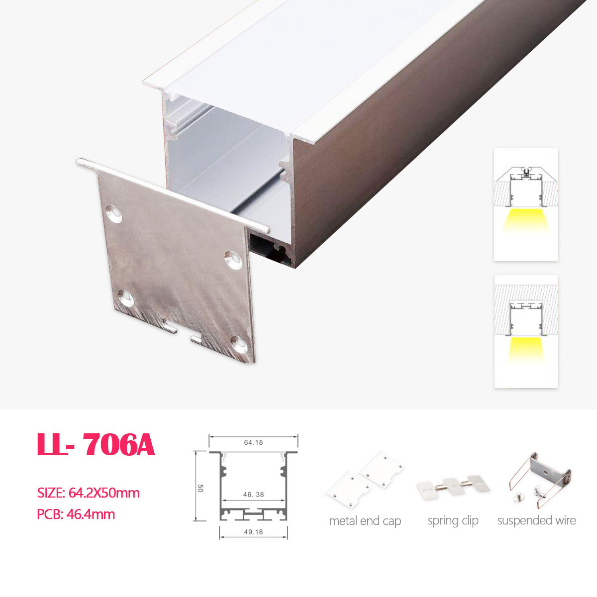 1M (3.28FT) 65MM*50MM  Silver Square Flanged  Aluminum Profile with Flat cover,  and metal Accessories for Recessed LED Llighting installation