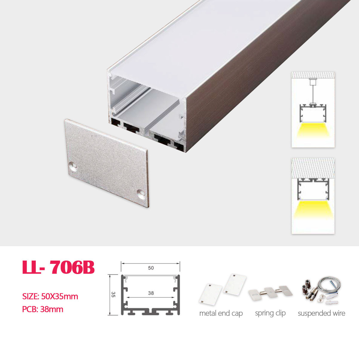 1M (3.28FT) 50MM*35MM Square Aluminum Profile with Flat Cover, Metal End Cap and Suspension wire for hanging or Surface Mounted Led Strips Lighting installation