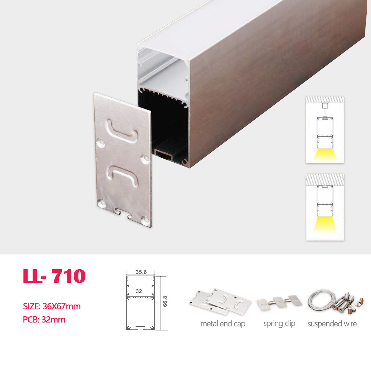 1M(3.28FT) 67MM*35MM  Double-layer LED Aluminum Profile with Flat Cover,Matel End Caps,Spring Clips and Wires for Hanging or Surface Mounted LED Strip Lighting