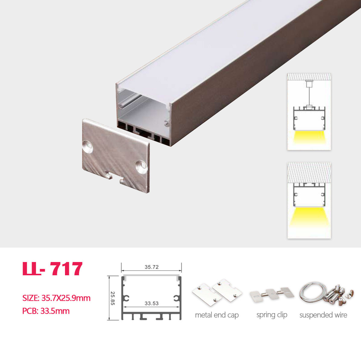 1M(3.28FT) 35.7MM*25.9MM  LED U-Shape Aluminum Profile with Flat Cover，Metal End Cap,Spring Clips and Suspended Wire for Hanging or Surface mounted LED Strip Light Application
