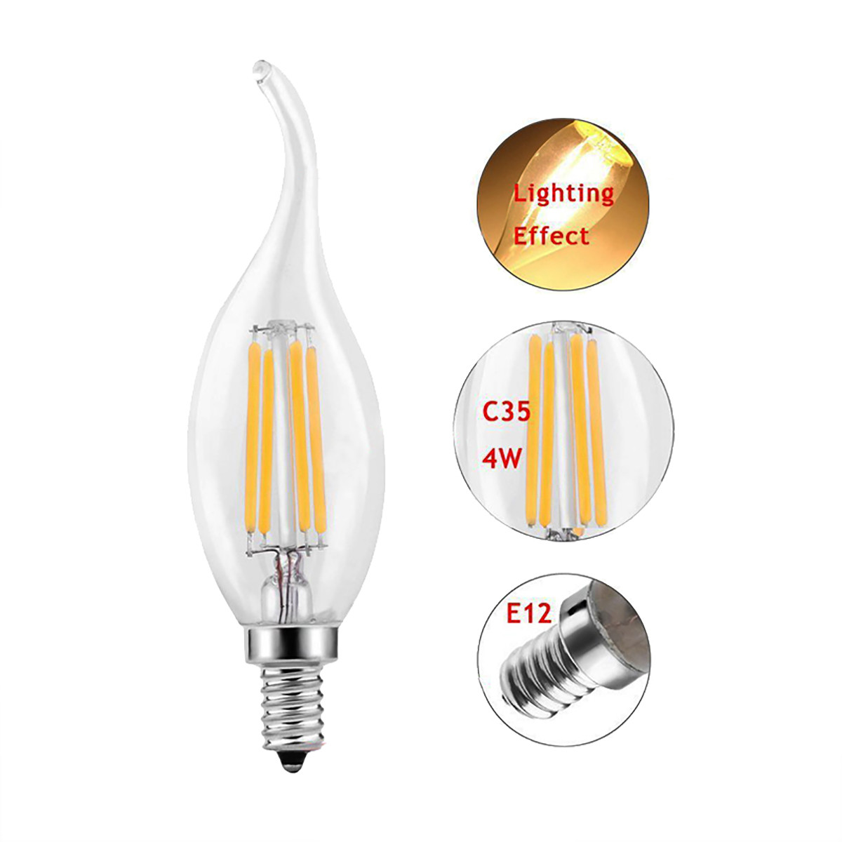 Appearance Goods nickel 6W Filament LED Candle Light Bulb Light C35 Flame Tip Chandelier Bulb with  E14 Base 60W Equivalent Halogen Replacement