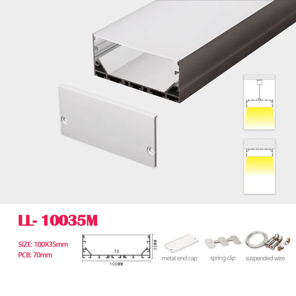 1M (3.28FT) 100MM*35MM Square Aluminum Profile with Flat PC cover , Suspension wire and Pendant Hardware for Hanging or Surface Mounted LED Linear Lighting