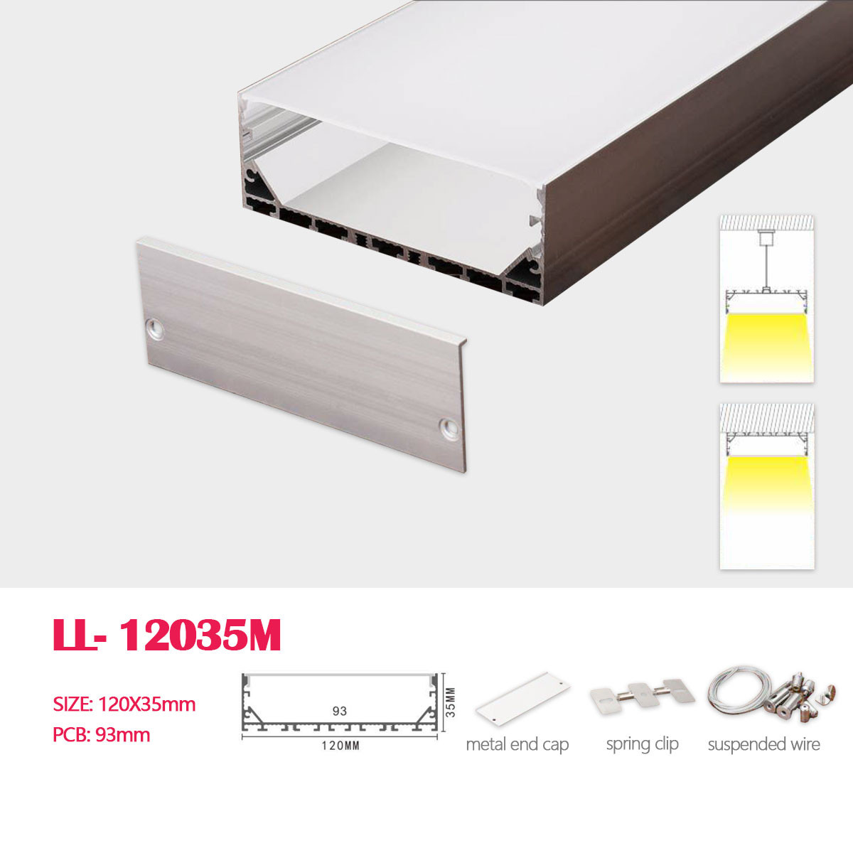 1M (3.28FT) 120MM*35MM Square Aluminum Profile with Flat PC cover and Suspension wire,  Suspended Mounting with Pendant Hardware Included