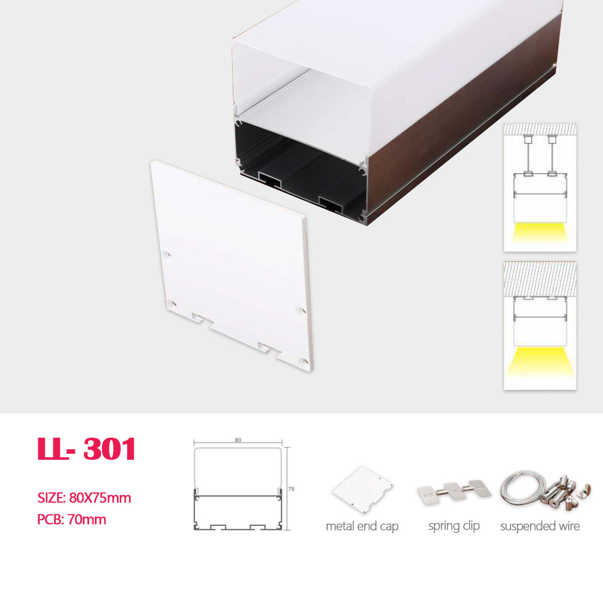 1M (3.28FT) 80MM*75MM Square Double-layer Aluminum Profile with Flat PC cover and Suspension wire,  Suspended Mounting with Pendant Hardware for Hanging or Surface Mounted LED Linear Lighting