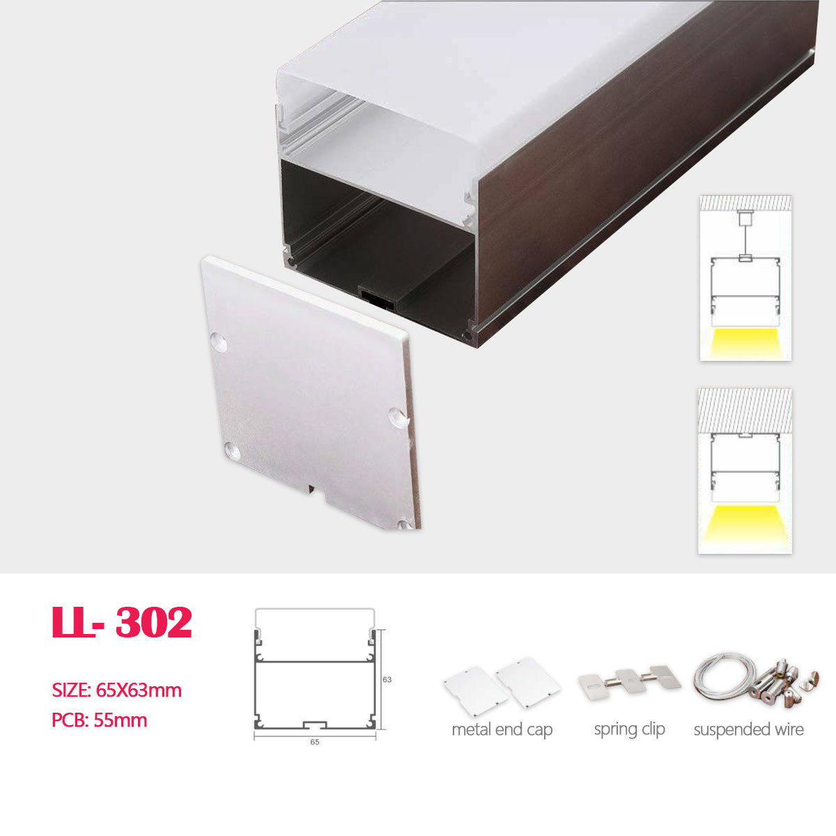 1M (3.28FT) 65MM*63MM  Double-layer Square Aluminum Profile with Flat PC cover and Suspension wire and Pendant Hardware for Hanging or  Surface Mounted LED Linear Lighting