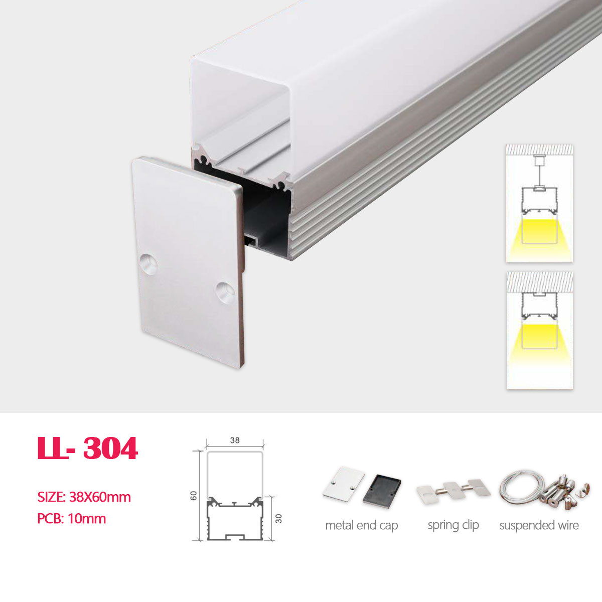 1M(3.28FT)38MM*60MM  Surface Mounted or Hanging LED Aluminum Profile with  Square Cover，Metal End Cap,Spring Cap and Suspended Wire for LED Strip Lights Application