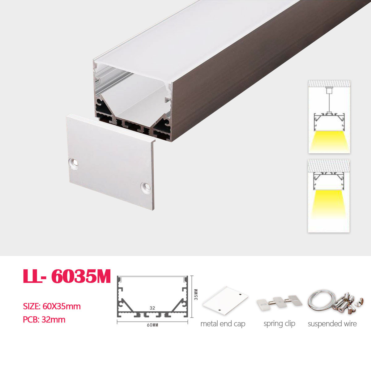 1M (3.28FT) 60MM*35MM Square Aluminum Profile with Flat  cover , Suspension wire and Mounting clips for LED Suspension  or Surface Mounting