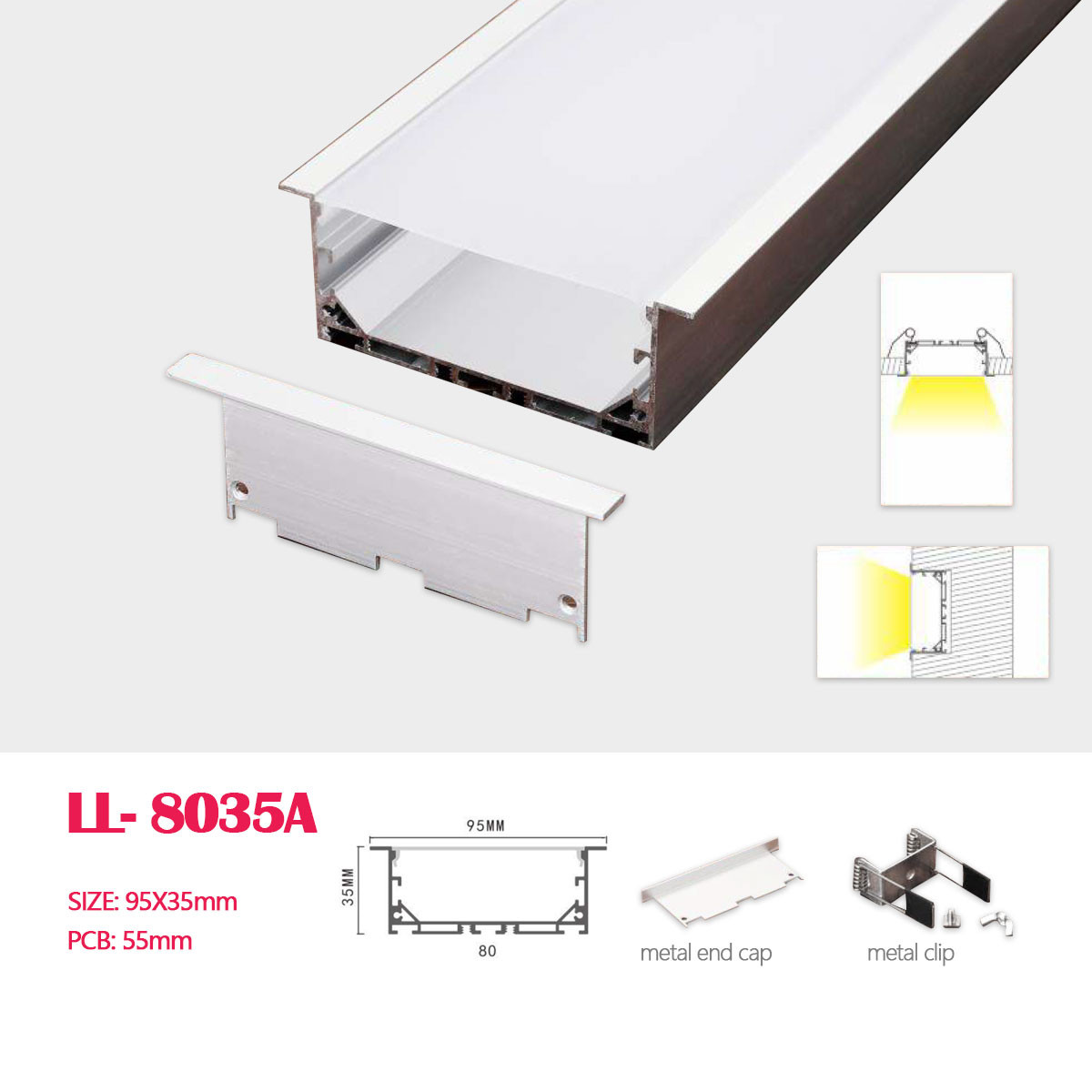 1M (3.28FT) 95MM*35MM Square ExtrudedAluminum Profile with Flat PC cover and clips, Pendant Hardware for Recessed LED Linear Light