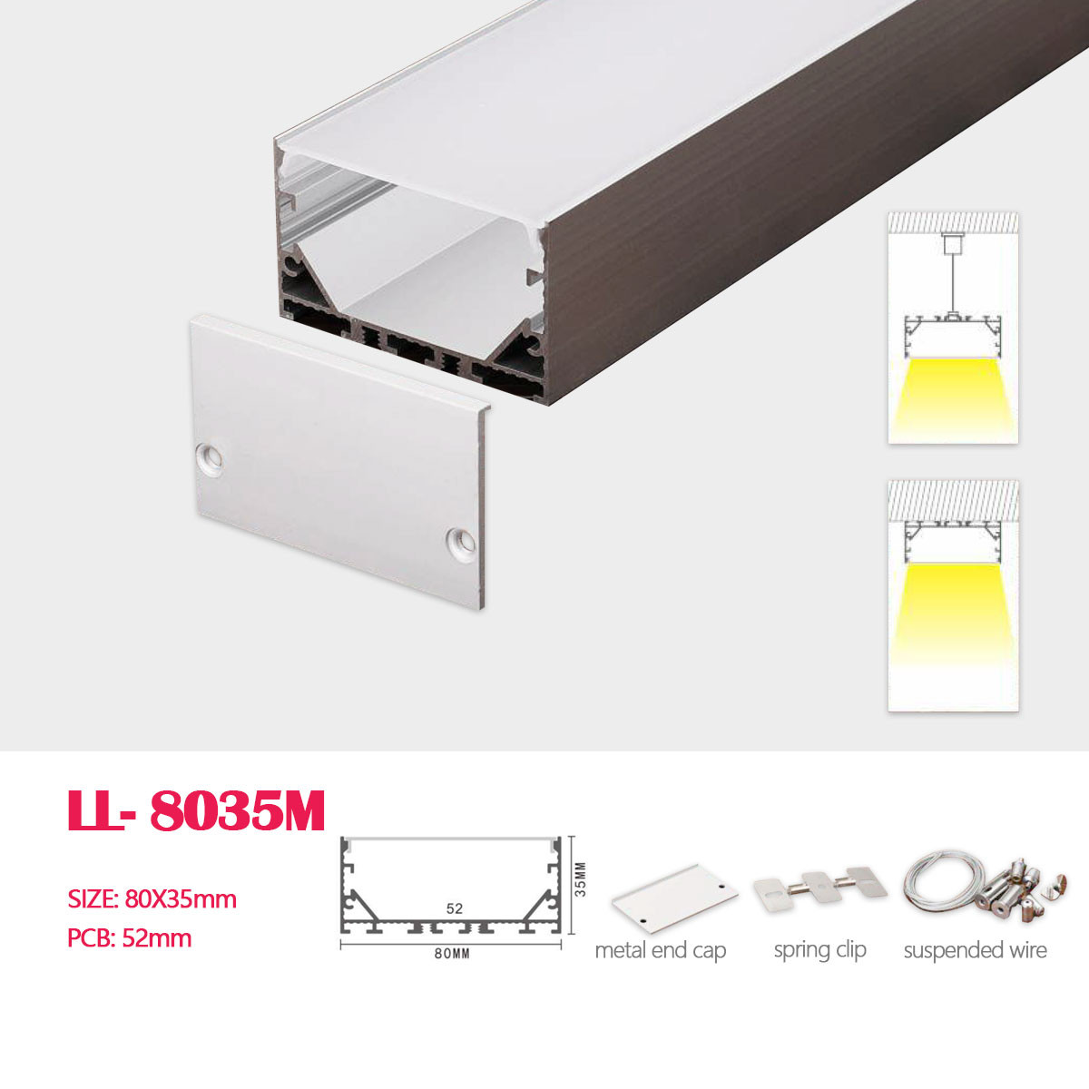 LED-Lights.com 1M (3.28FT) 80MM*35MM Sqaure Aluminum Profile with Flat PC and Suspension wire, Suspended Mounting with Pendant Hardware for Hanging or Surface LED Linear Lighting