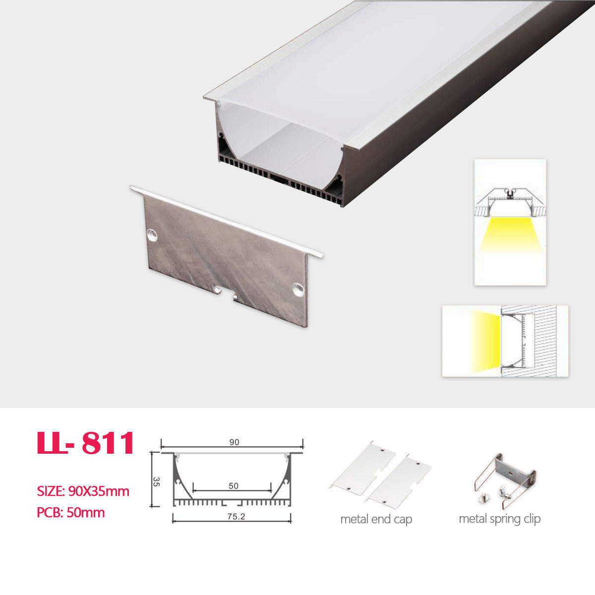 1M (3.28FT) 90MM*35MM Square Aluminum Profile with PC cover,Metal clips and ends for Recessed LED Linear lighting in Statllation